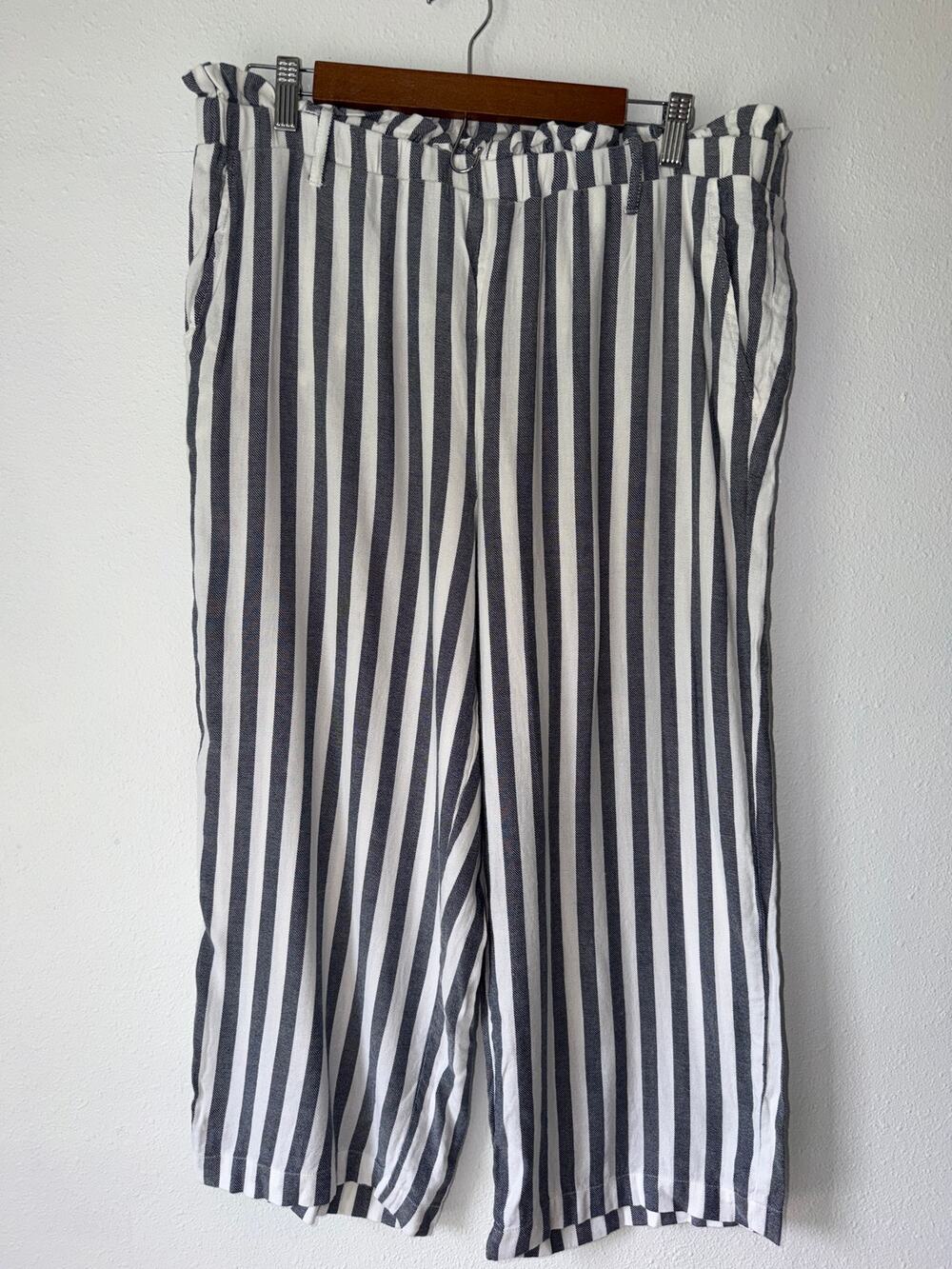 Fever Blue White Striped Coastal Nautical Wide Leg Boho Beachy Palazzo Pants XL